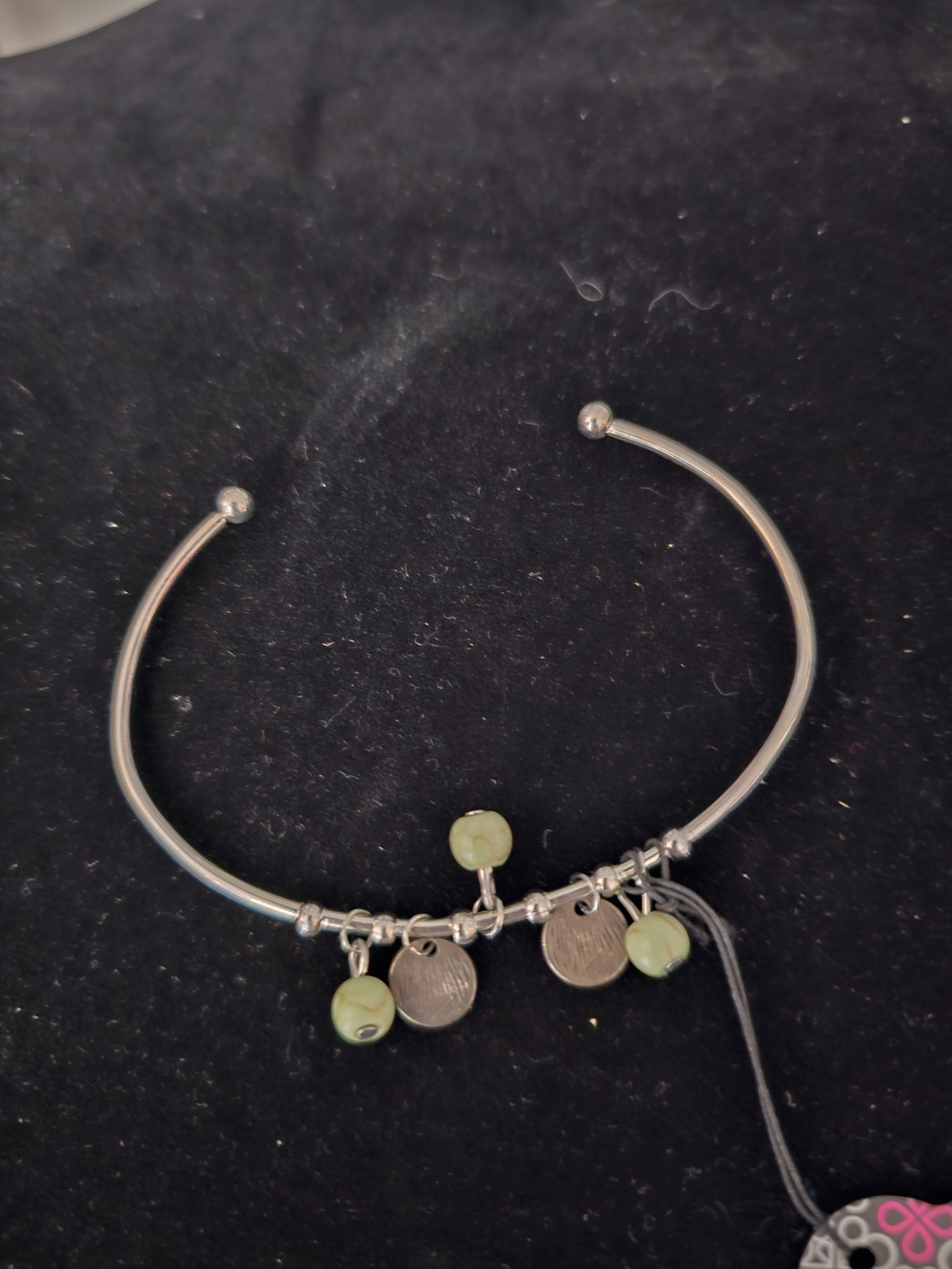paparazzi Silver-Tone Open Bangle with Light Green Bead Charms